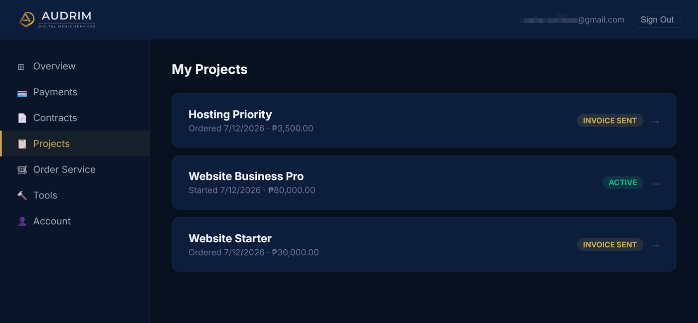 ADMS client portal showing a client's project list with status badges for hosting, an active build, and an invoiced project