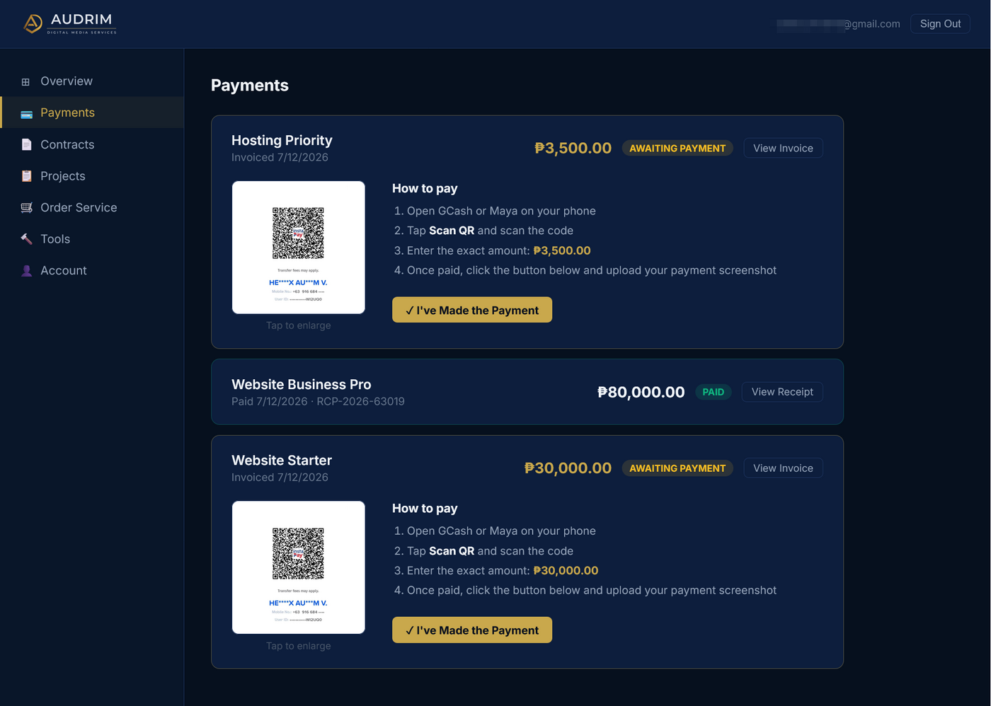 ADMS client portal Payments screen showing a GCash/Maya QR code, step-by-step pay instructions, and a paid receipt