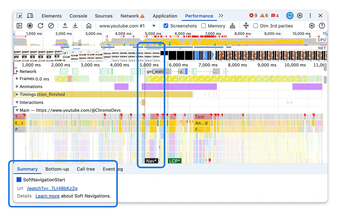 Chrome DevTools Performance panel showing soft navigation markers alongside LCP markers in a trace of youtube.com